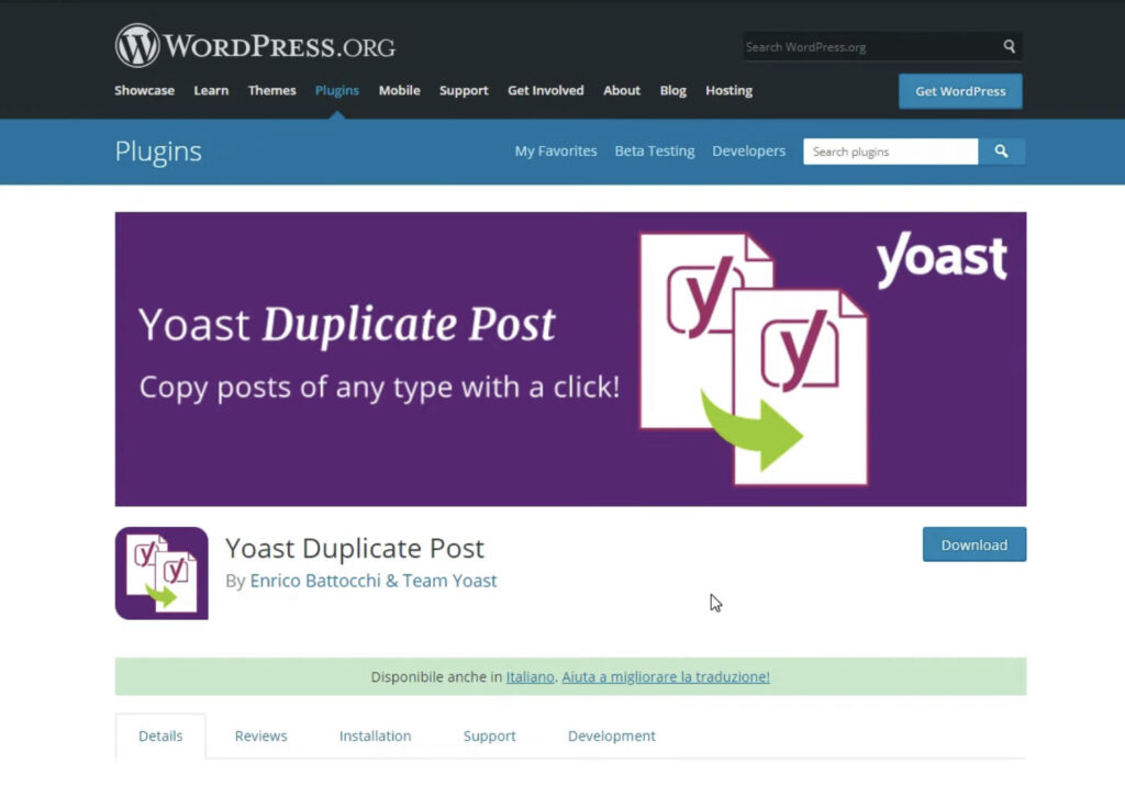 A webpage from the WordPress.org plugin directory displaying the 'Yoast Duplicate Post' plugin, with an option to download and information about the plugin in view