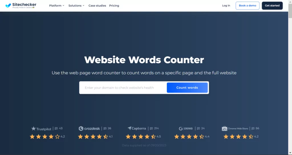 The interface of the application website words counter