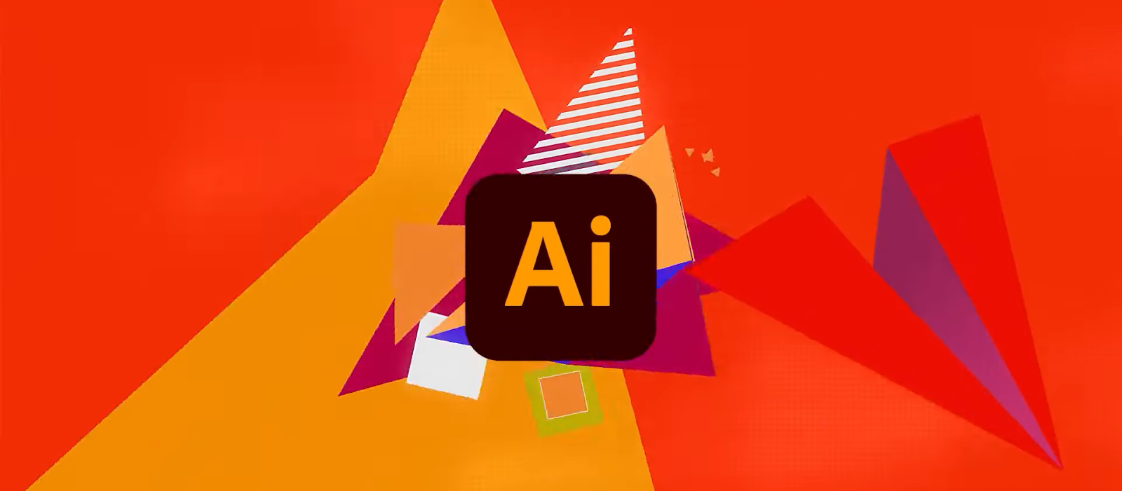 Adobe Illustrator logo surrounded by abstract shapes on a warm orange and red gradient background